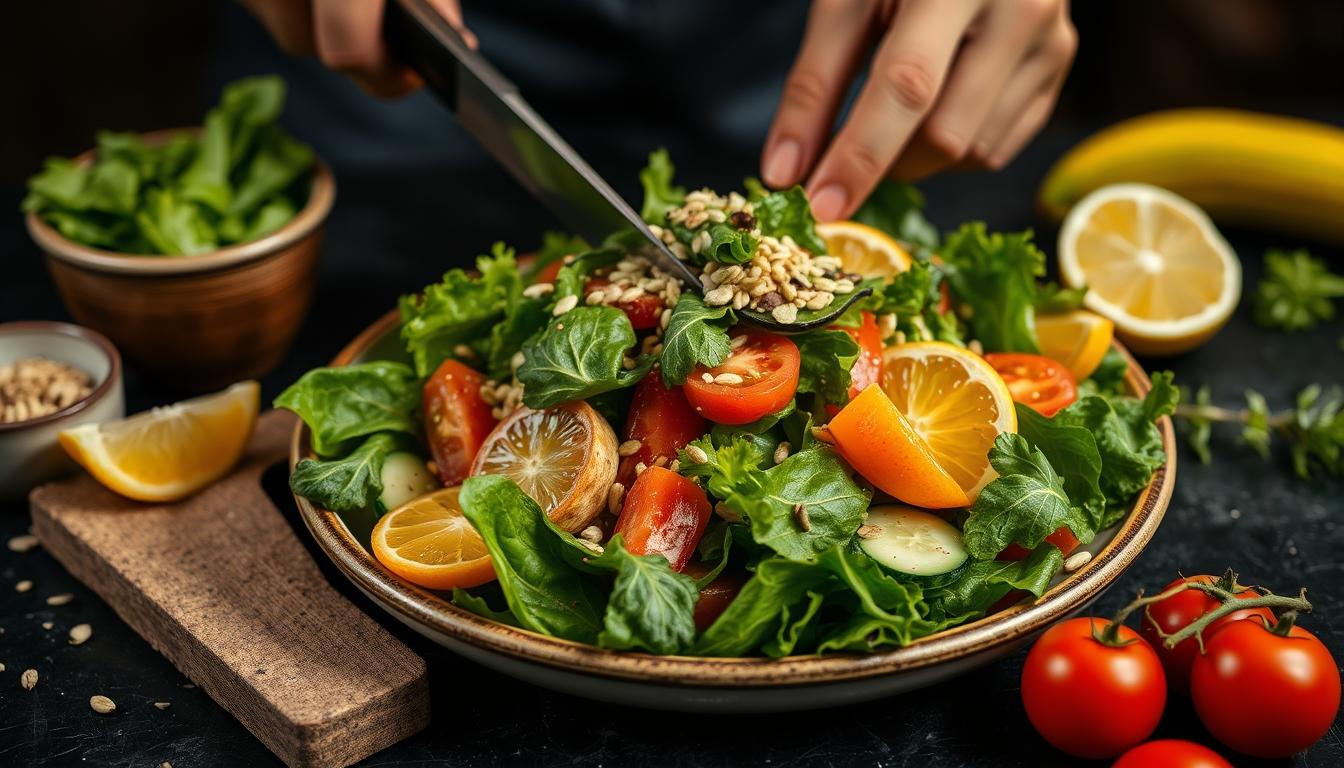 Balanced healthy meal prepared in a home kitchen